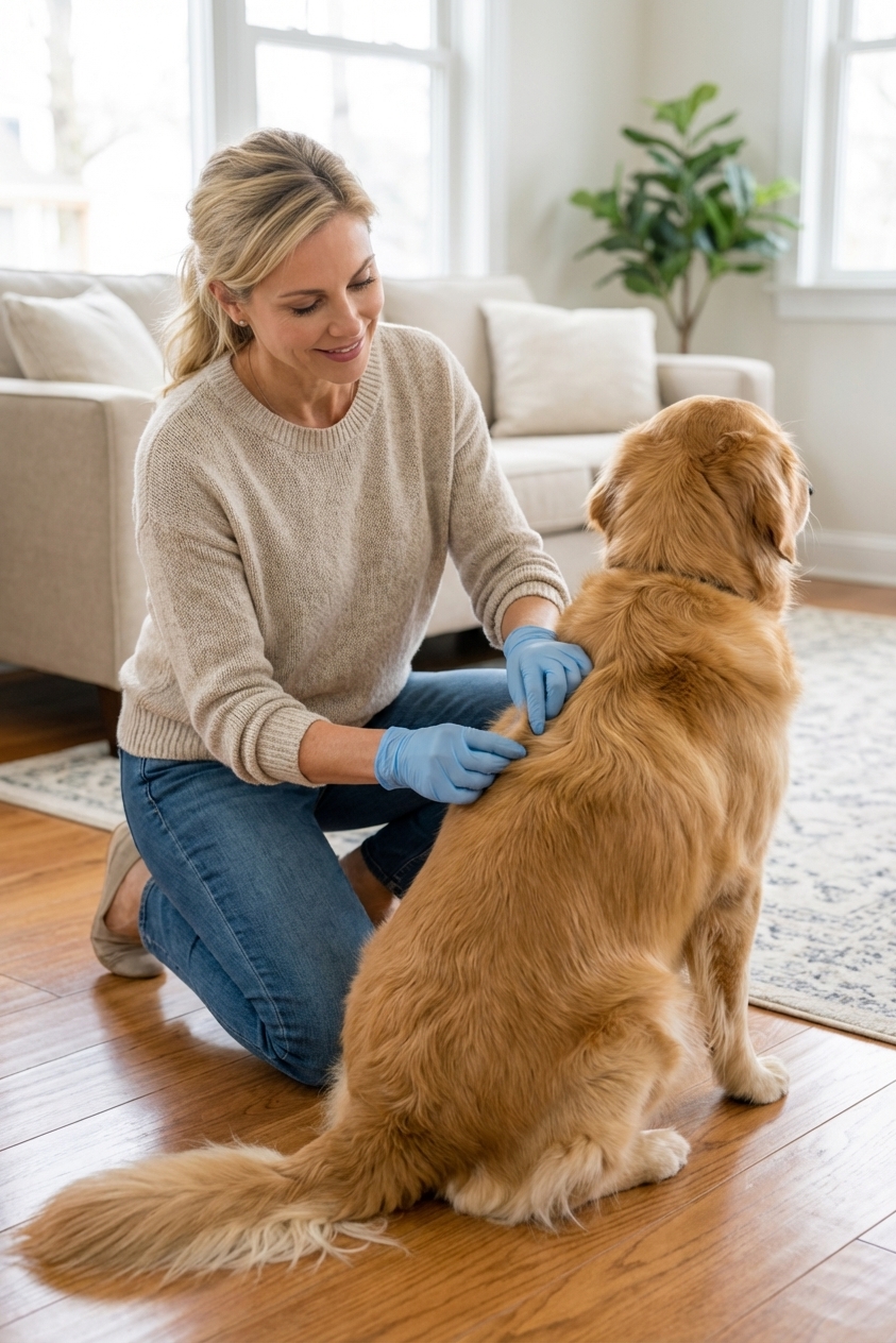 A dog sitting on a clean living room floor while a person gently parts the fur near the base of the tail