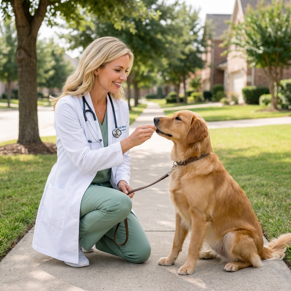 A dog sitting on a leash on a quiet sidewalk while a person rewards with a treat