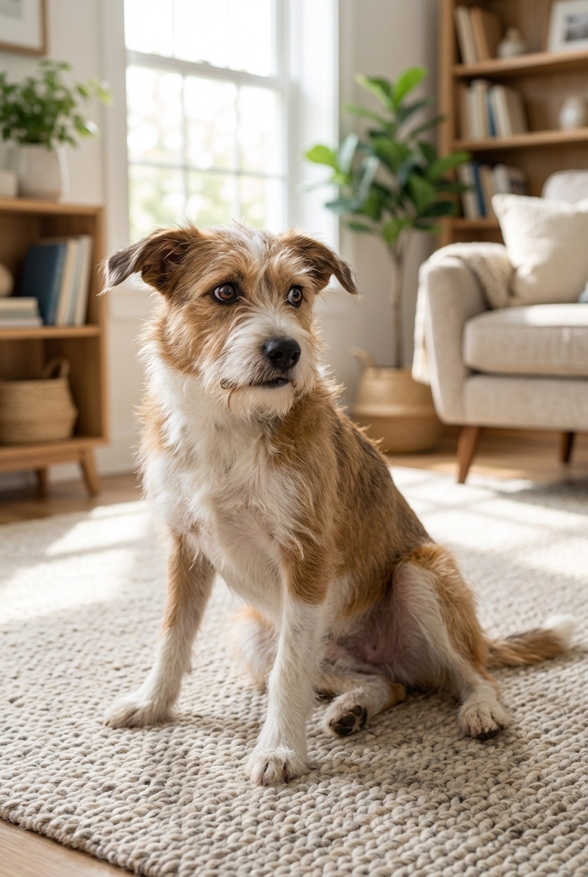 A dog sitting on a living room rug looking mildly uncomfortable