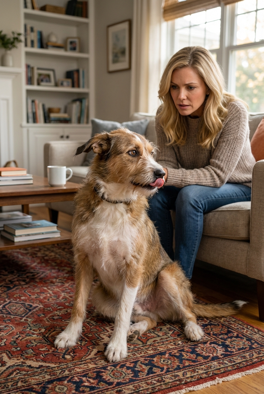 A dog sitting on a living room rug looking mildly uncomfortable while an owner watches closely