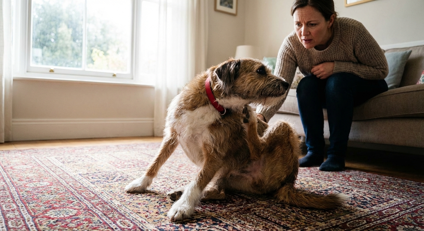 A dog sitting on a living room rug scratching its neck with a hind leg while a person watches with concern, natural indoor light, photorealistic