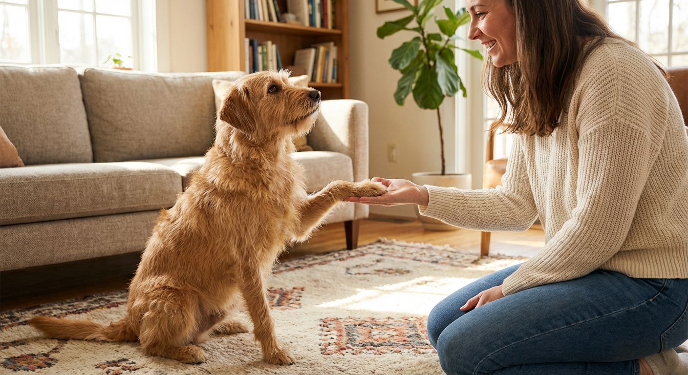 A dog sitting on a living room rug with a person offering an open palm for a shake