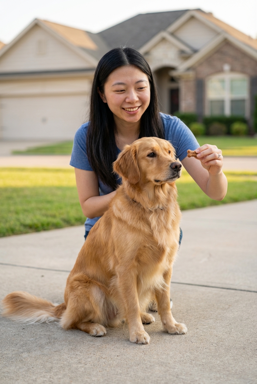 A dog sitting politely in front of an owner with the owner holding a small treat