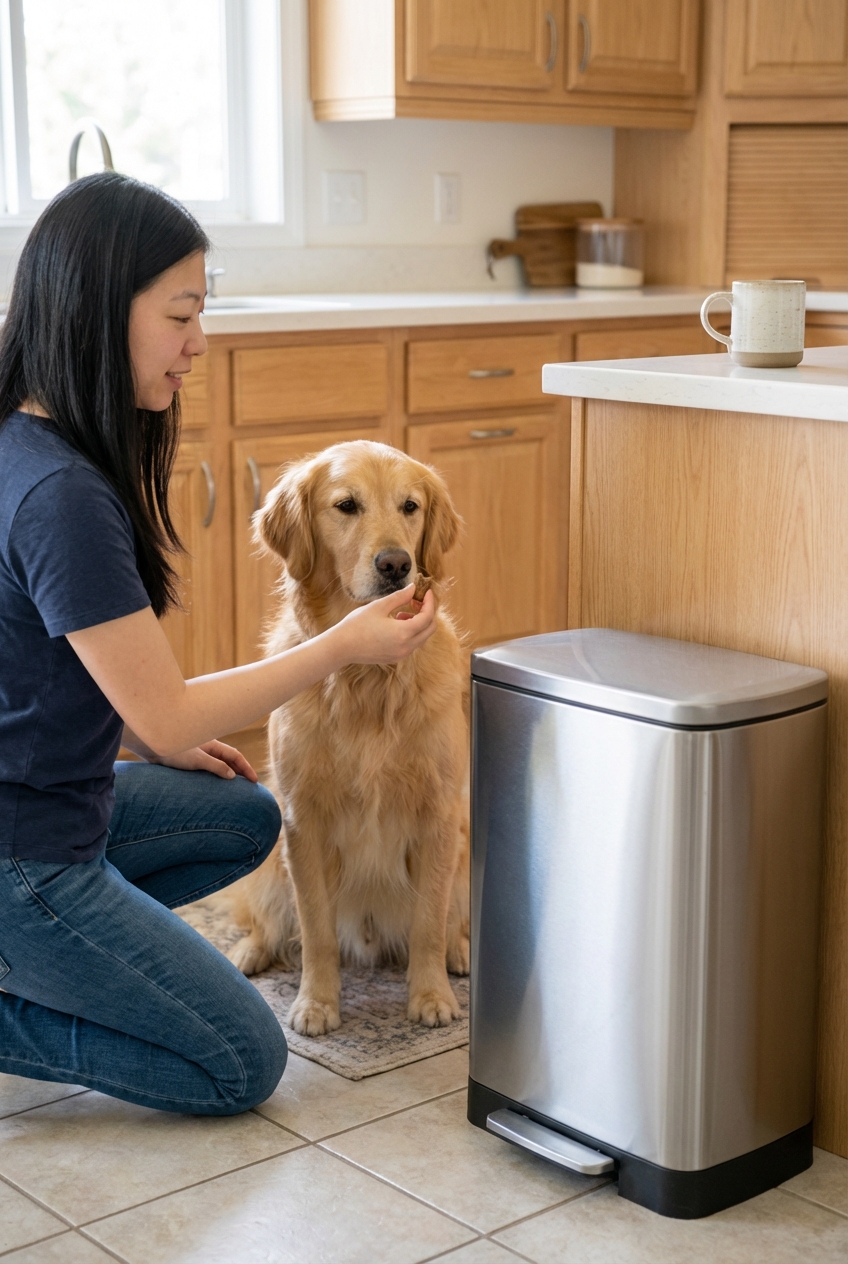 A dog sitting politely near a closed, lidded kitchen trash can while an owner holds a treat