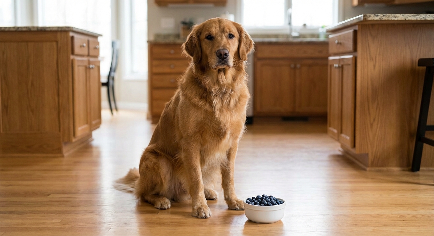 A dog sitting politely next to a small bowl of blueberries on a kitchen floor