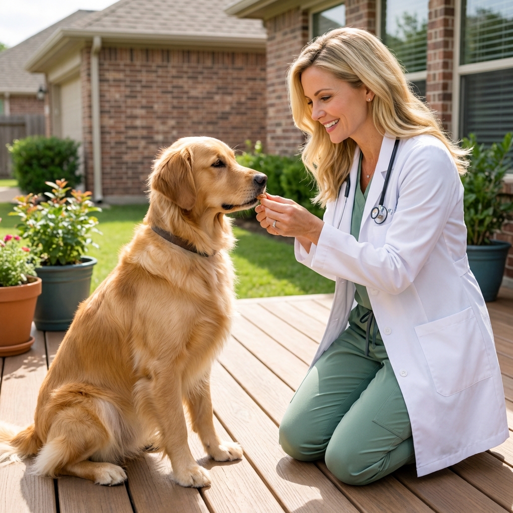 A dog sitting politely while an owner offers a treat for calm behavior