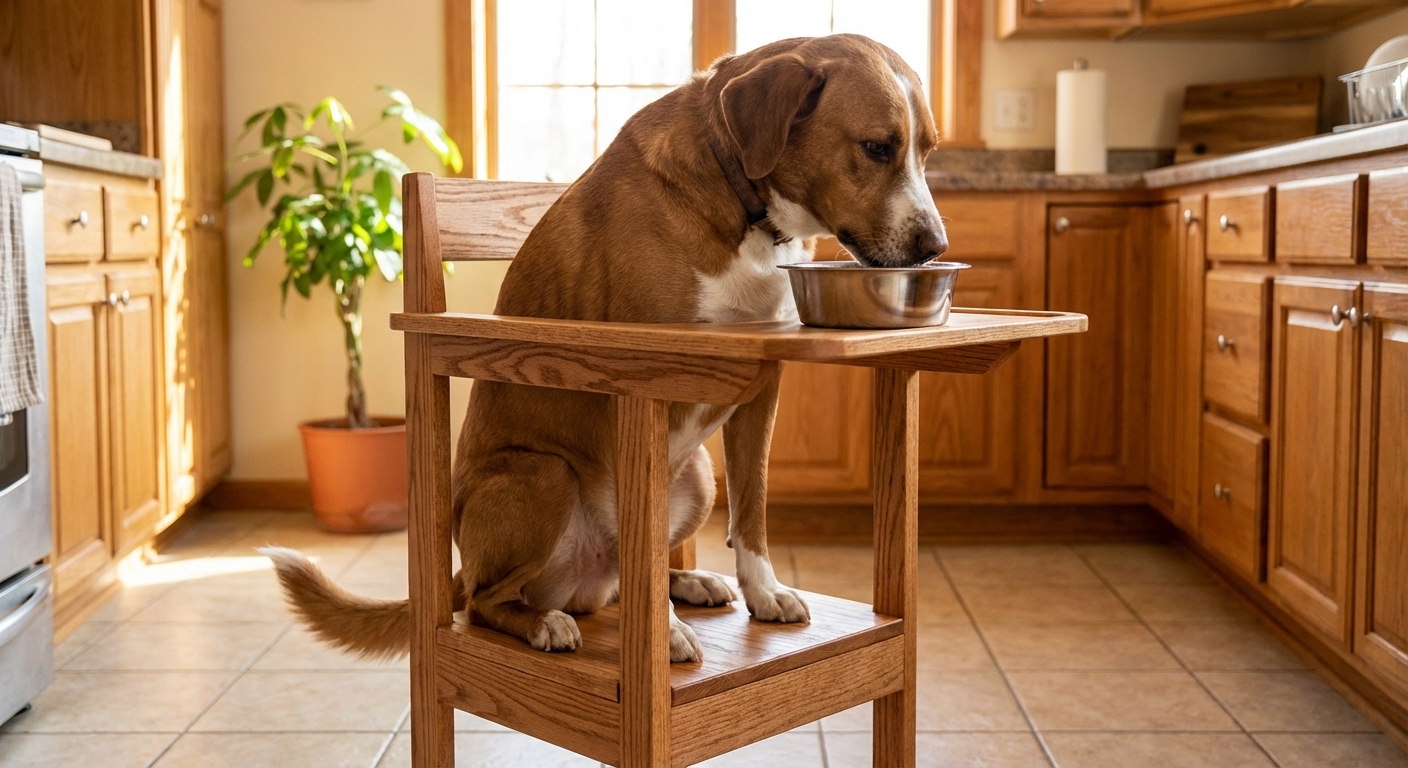 A dog sitting upright in a Bailey chair in a home kitchen while eating from a bowl at chest height, single realistic photograph