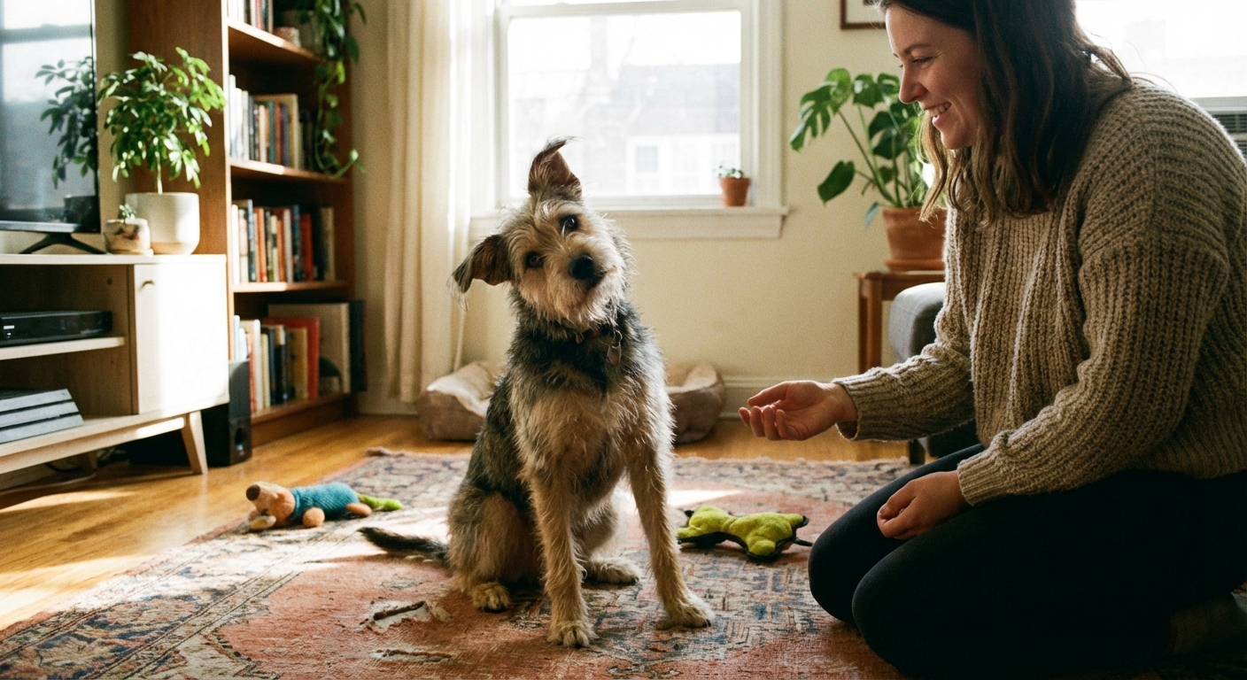 A dog sitting with a noticeable head tilt on a living room floor while an owner kneels nearby
