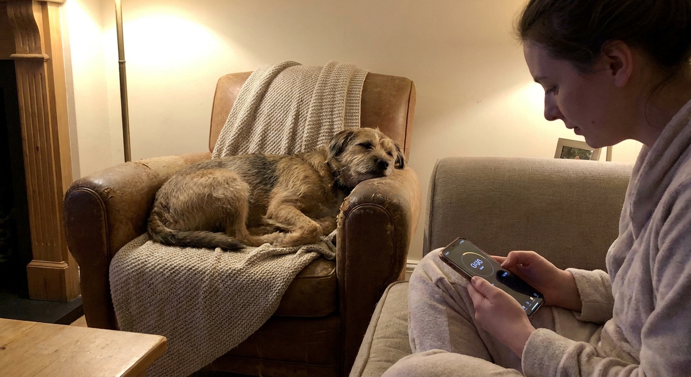 A dog sleeping on a couch while the owner quietly counts breaths with a phone timer nearby