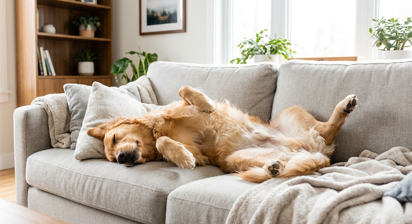 A dog sleeping on its back with belly exposed on a couch