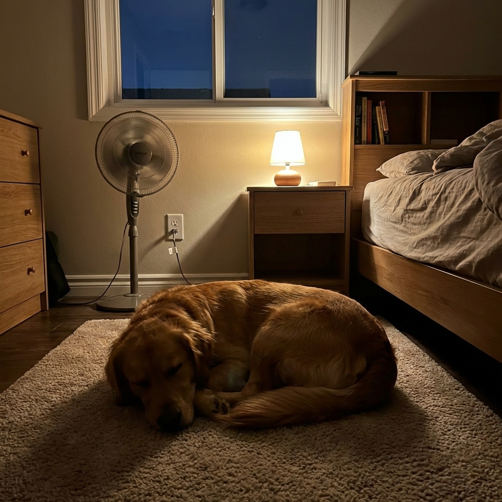 A dog sleeping peacefully in a dim bedroom with a fan running in the background