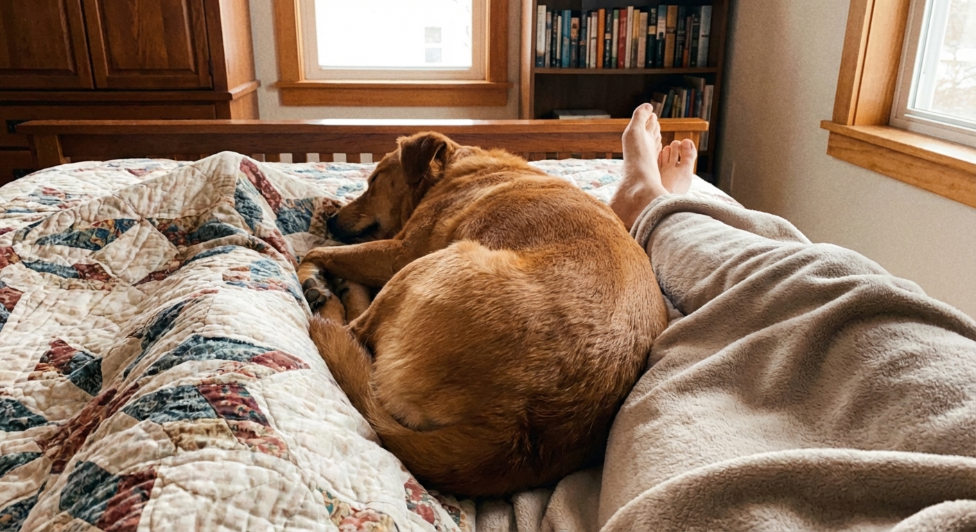 A dog sleeping with its back against a person’s legs on a bed