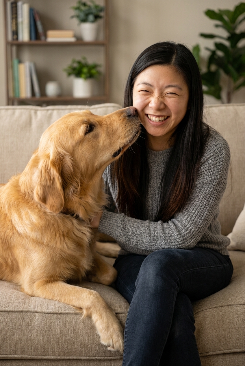 A dog sniffing a person's face while the person sits on a couch