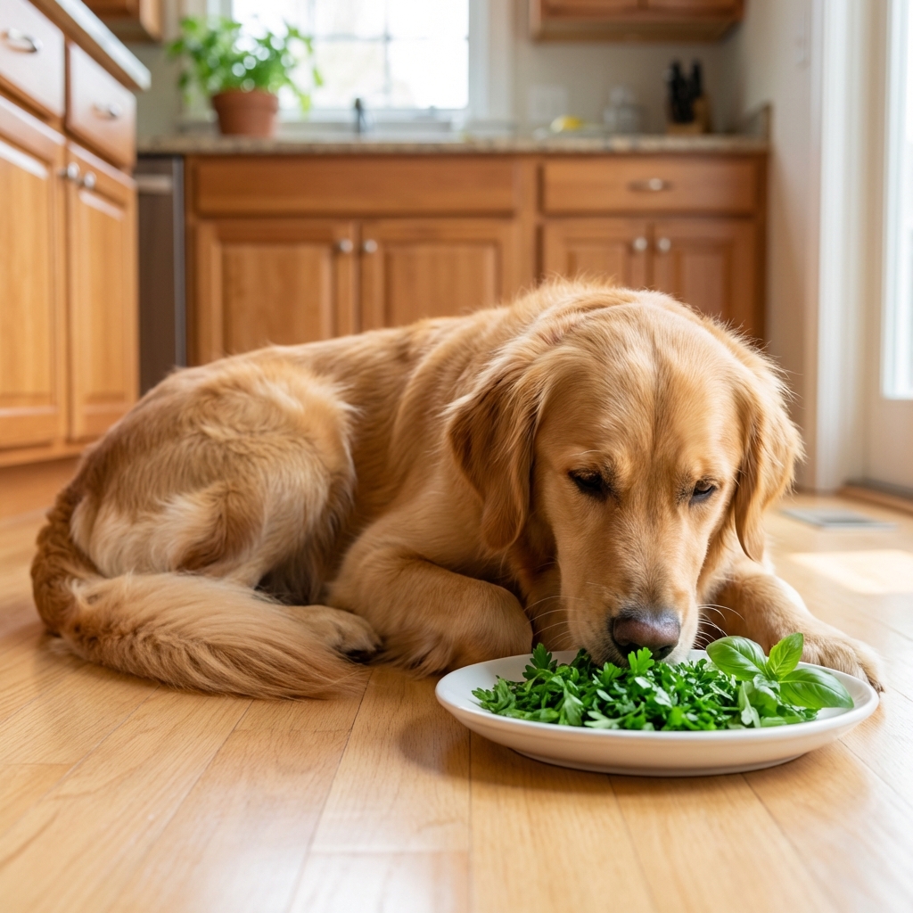 A dog sniffing a small dish of chopped fresh parsley and basil on a kitchen floor
