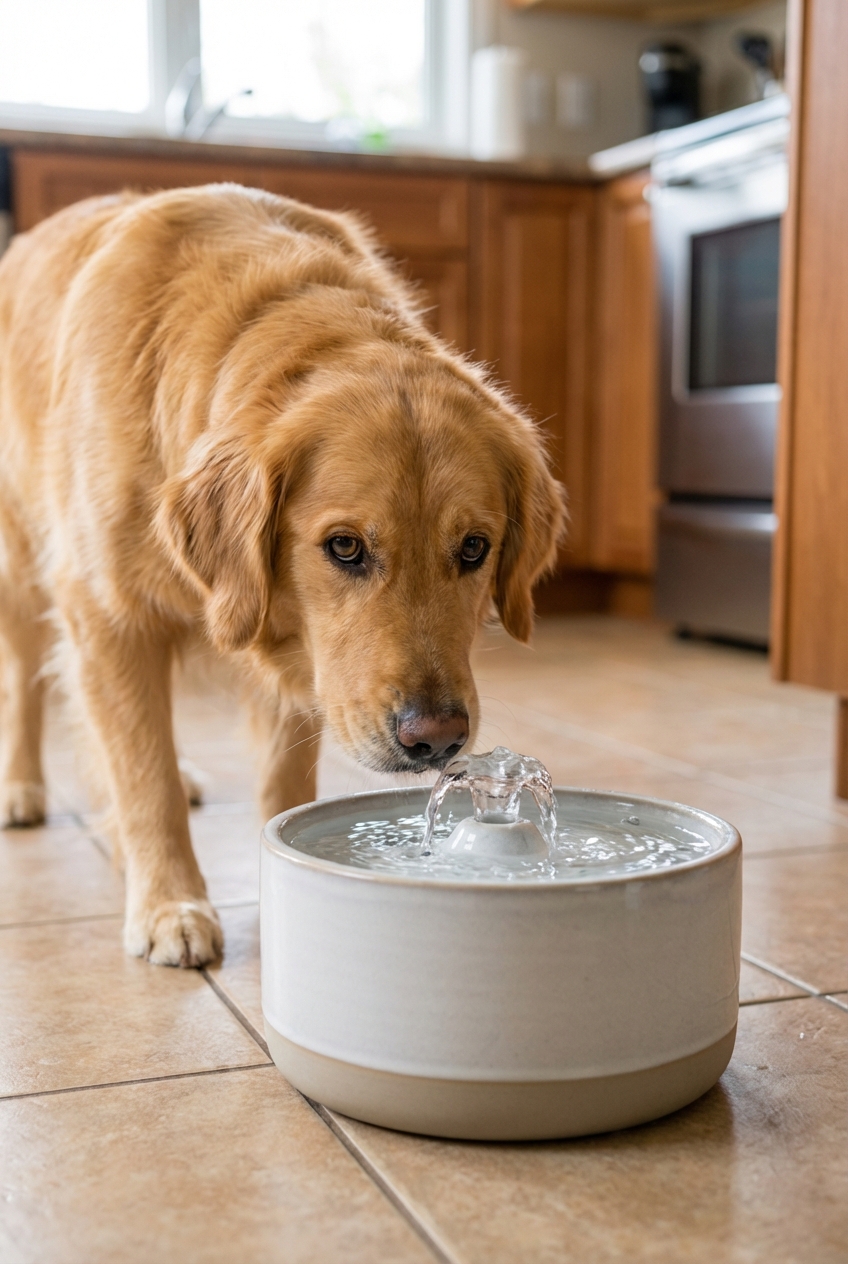 A dog sniffing a small pet water fountain on a kitchen floor