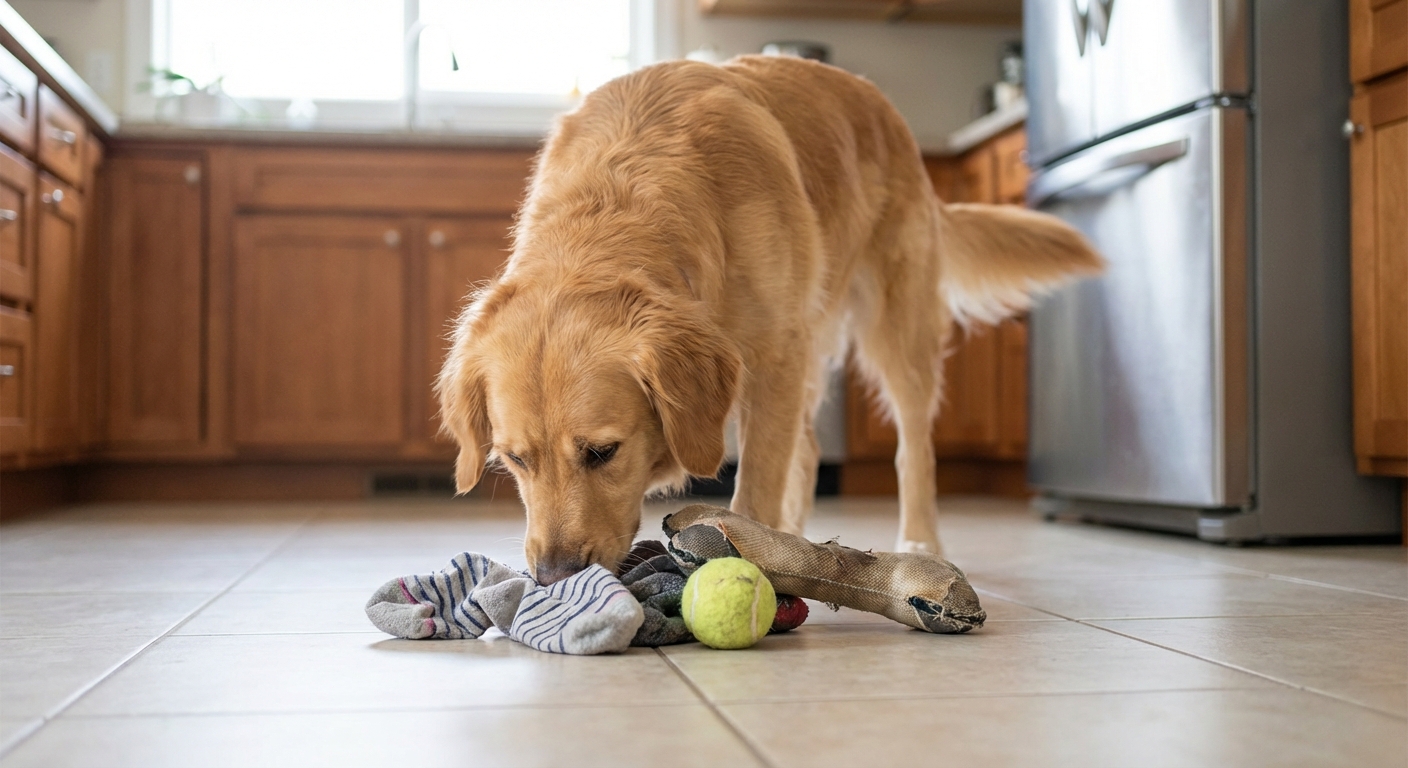 A dog sniffing a small pile of household items like socks and a dog toy on a kitchen floor