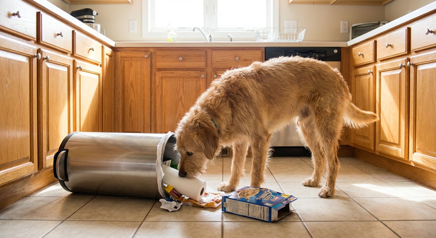 A dog sniffing a tipped-over kitchen trash can in a home