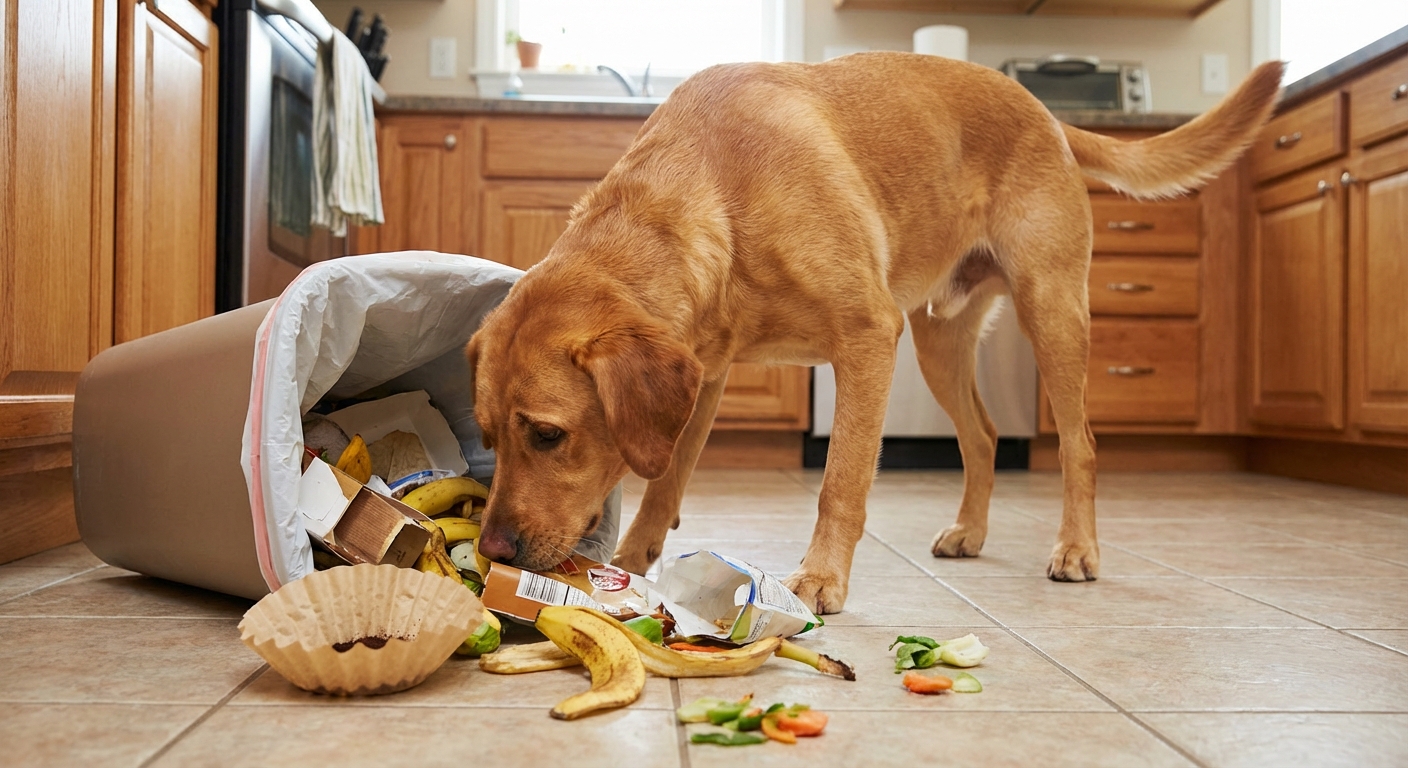 A dog sniffing a tipped-over kitchen trash can with food scraps visible on the floor