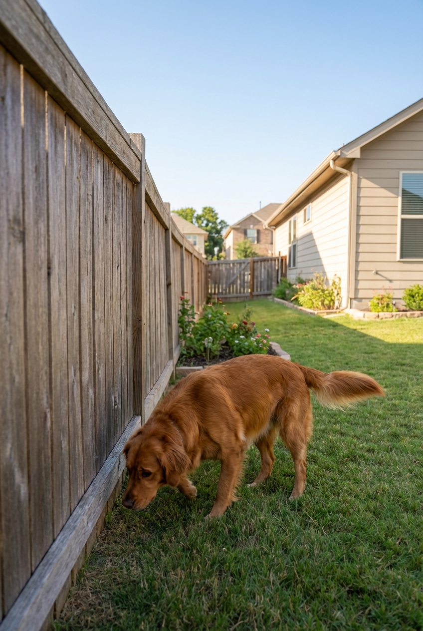 A dog sniffing along a fence line in a suburban backyard