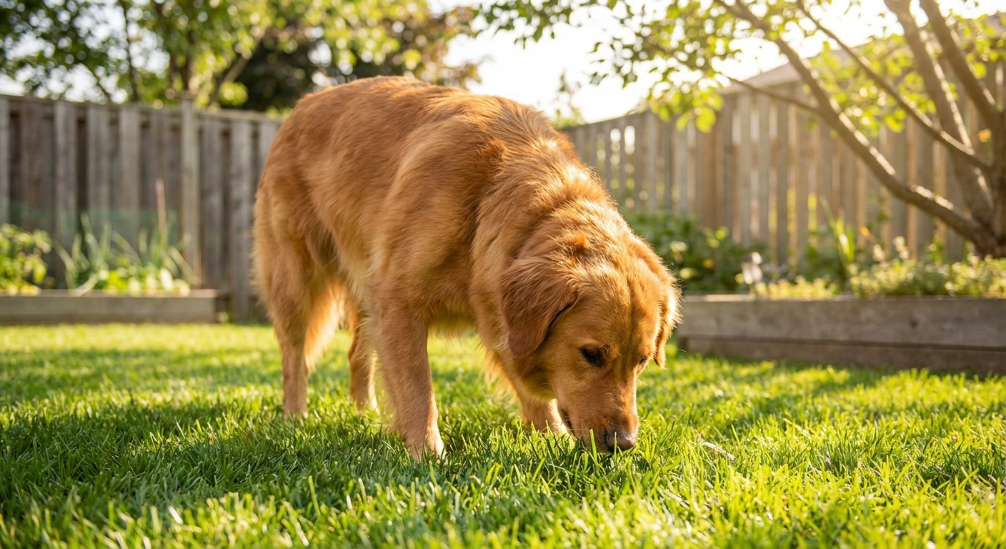 A dog sniffing and nibbling grass in a backyard on a sunny day