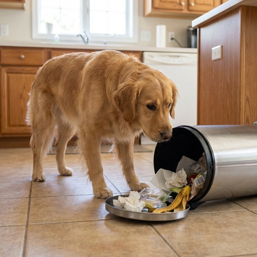A dog sniffing at a knocked-over kitchen trash can