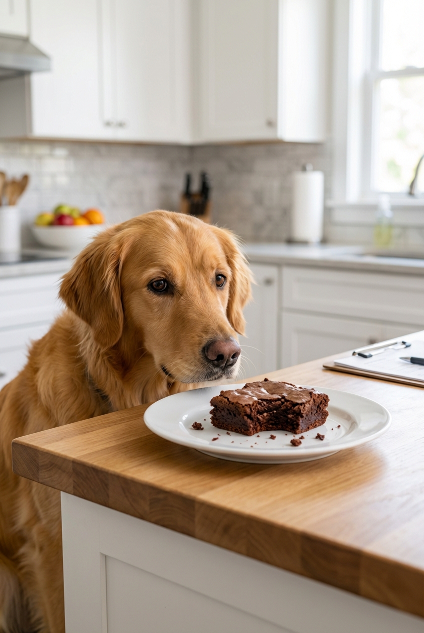 A dog sniffing at a plate with a partially eaten brownie on a kitchen island