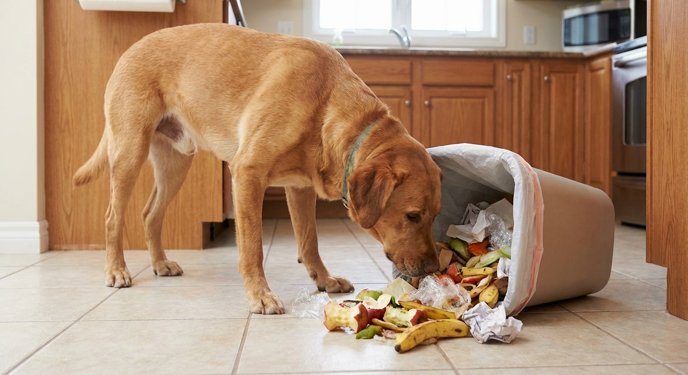 A dog sniffing at a tipped-over trash can in a kitchen with food scraps visible on the floor