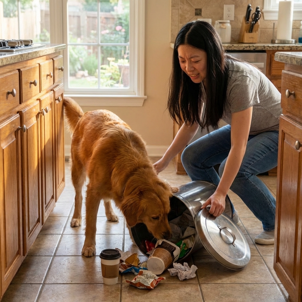 A dog sniffing at a tipped-over trash can in a kitchen with a person reaching to secure the lid