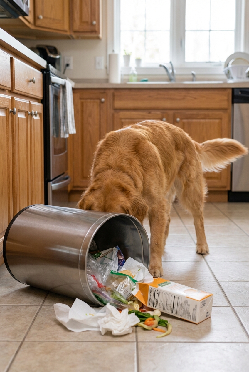 A dog sniffing at an overturned kitchen trash can indoors