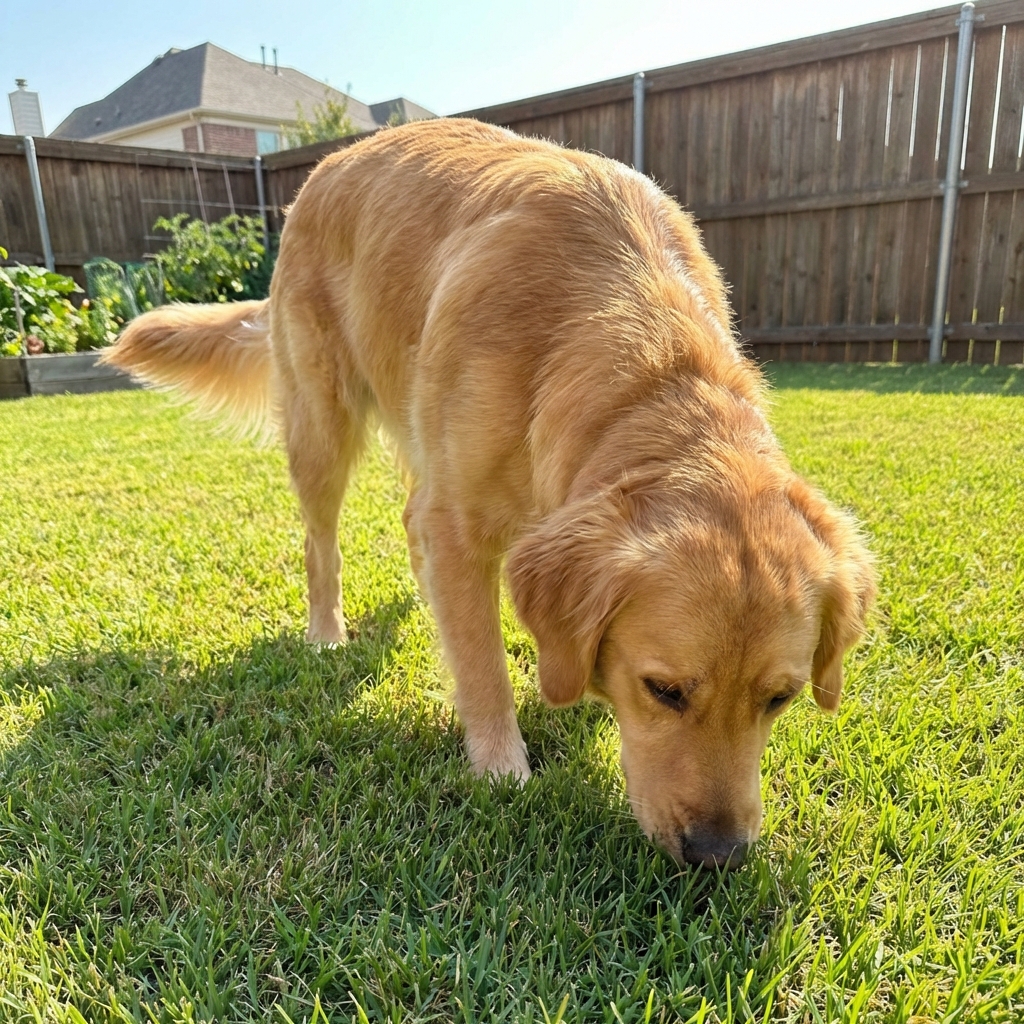 A dog sniffing at short grass in a backyard on a sunny day
