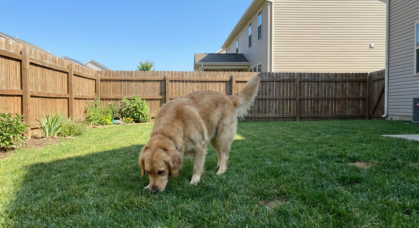 A dog sniffing grass in a suburban backyard during the daytime
