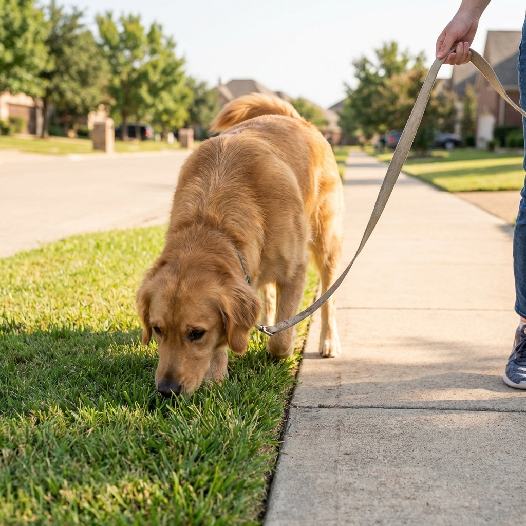 A dog sniffing grass near a sidewalk while on a leash