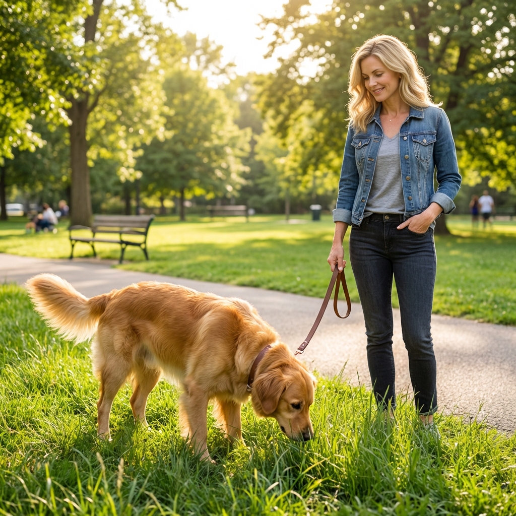 A dog sniffing grass on a leash in a park while the handler stands relaxed nearby