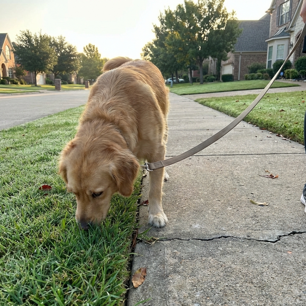A dog sniffing grass on a quiet neighborhood sidewalk during a morning walk