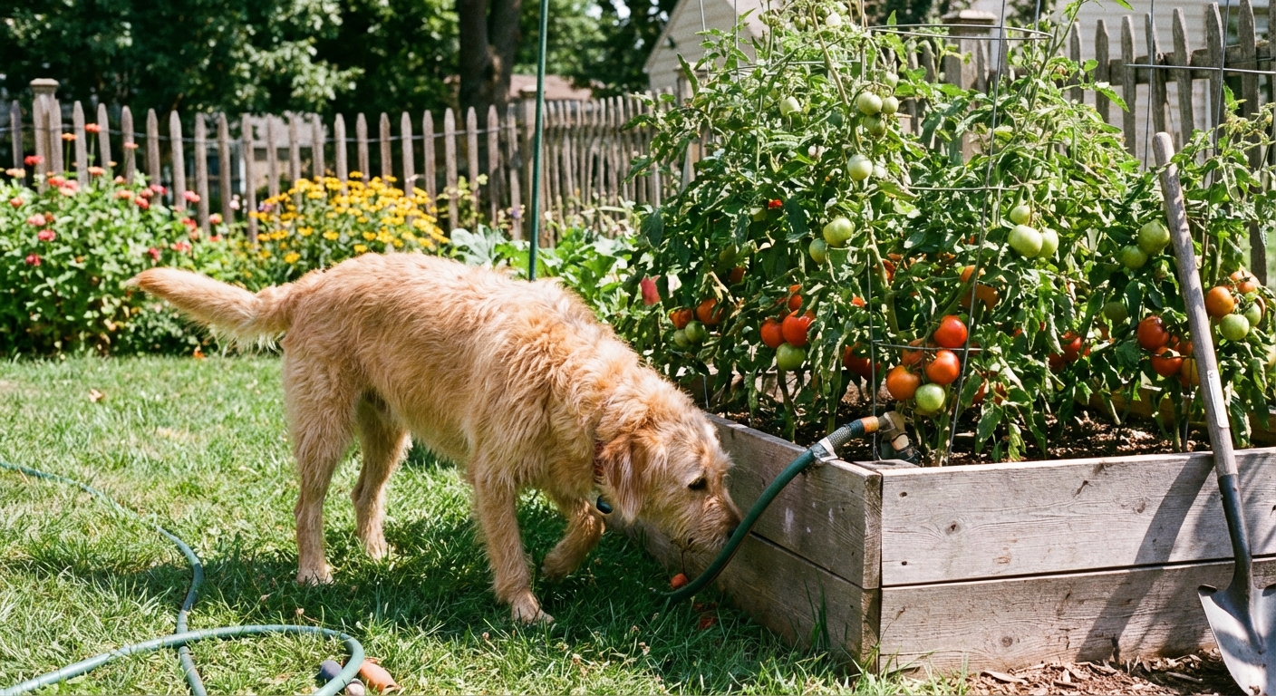 A dog sniffing near a garden bed with tomato plants in a backyard