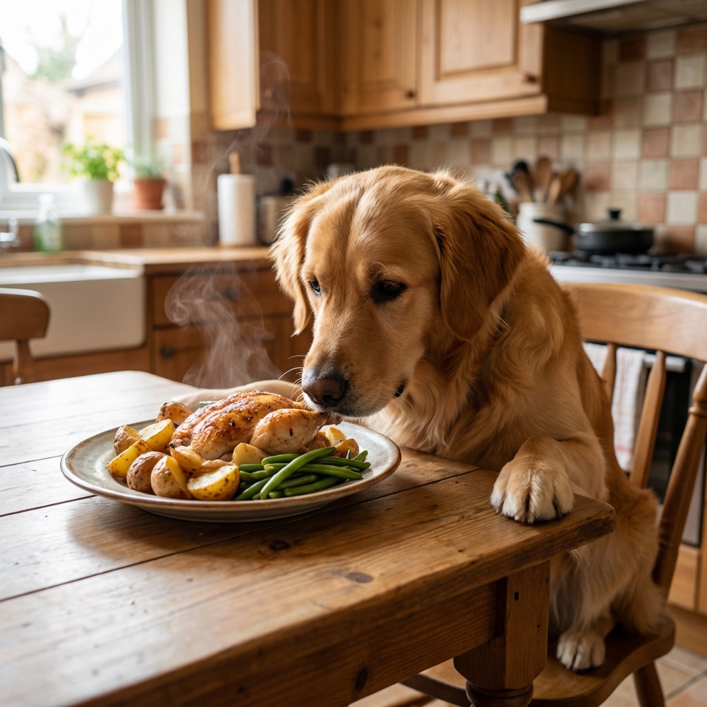 A dog sniffing near a plate of cooked food on a kitchen table