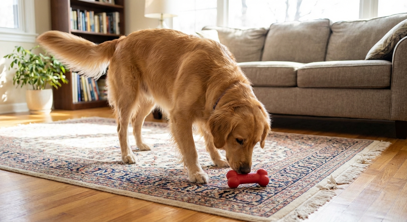 A dog sniffing near a small chew toy on a living room rug