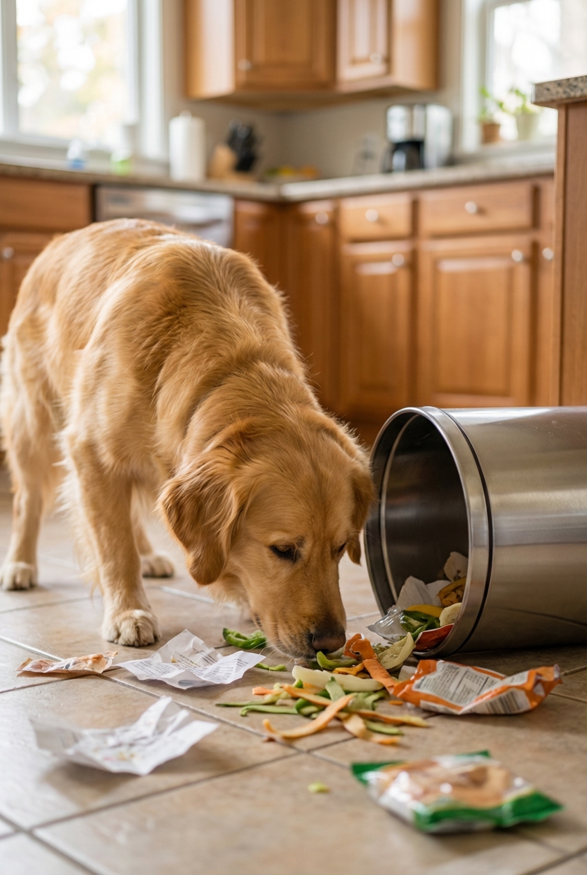 A dog sniffing near a tipped-over kitchen trash can with bits of paper on the floor