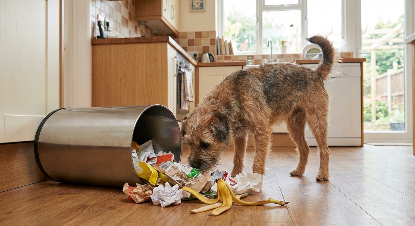 A dog sniffing near a tipped-over kitchen trash can in a home