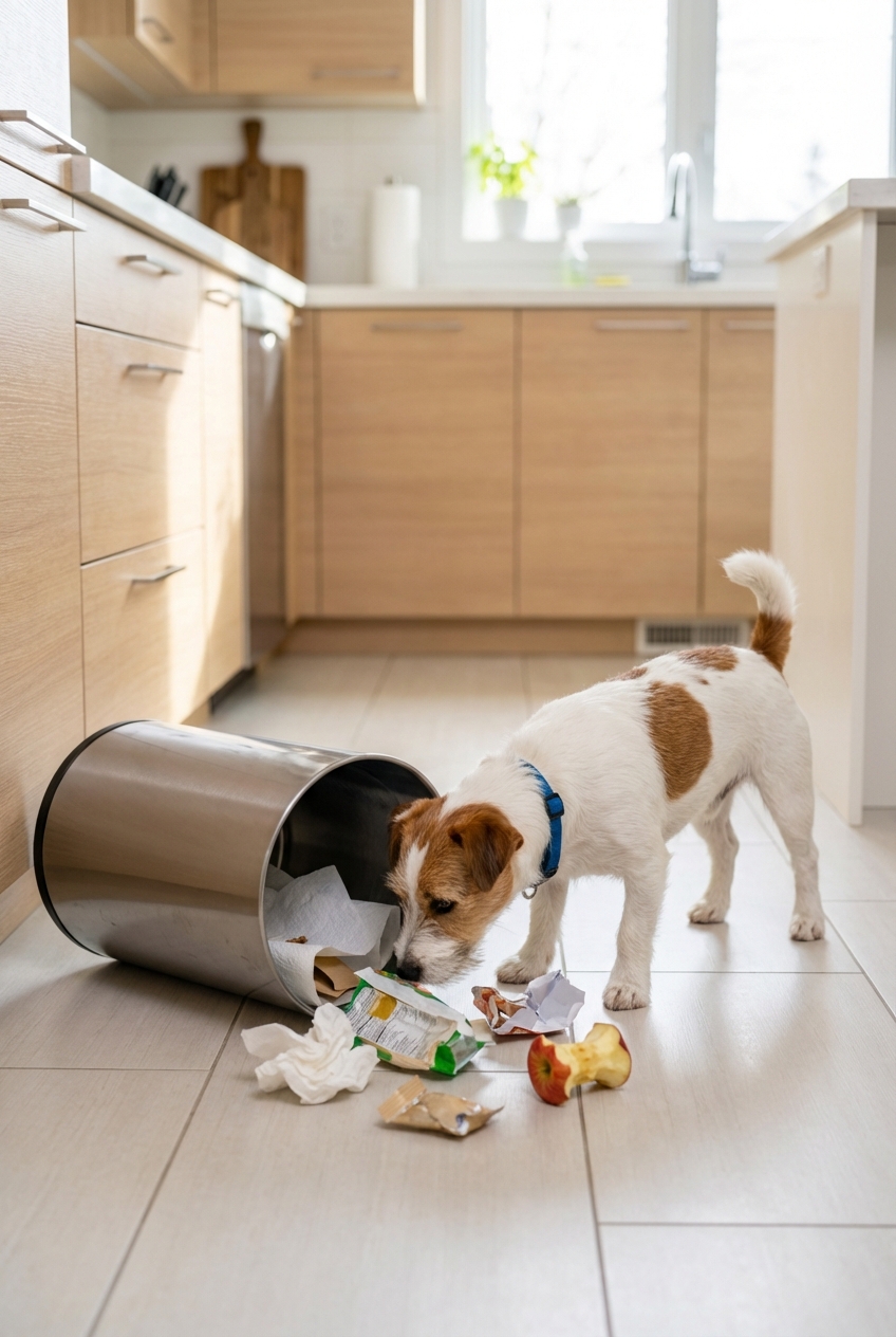 A dog sniffing near a tipped over kitchen trash can in a home