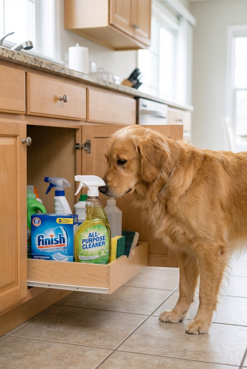A dog sniffing near an open kitchen cabinet with cleaning products stored inside