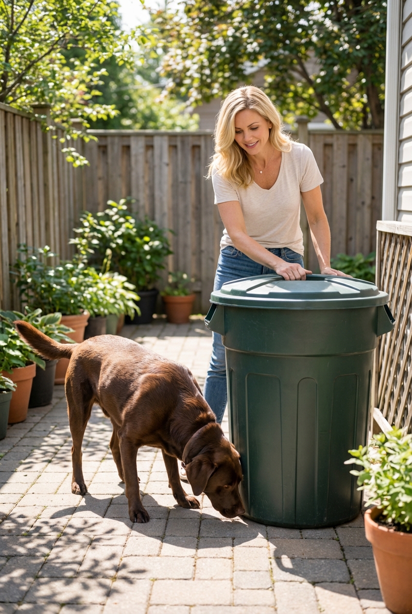 A dog sniffing near an outdoor trash can on a patio with a person reaching to close the lid