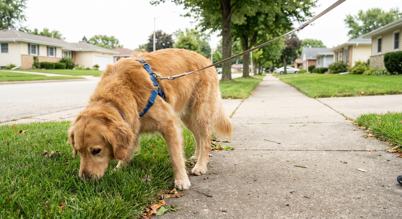A dog sniffing near grass on a suburban sidewalk during a walk