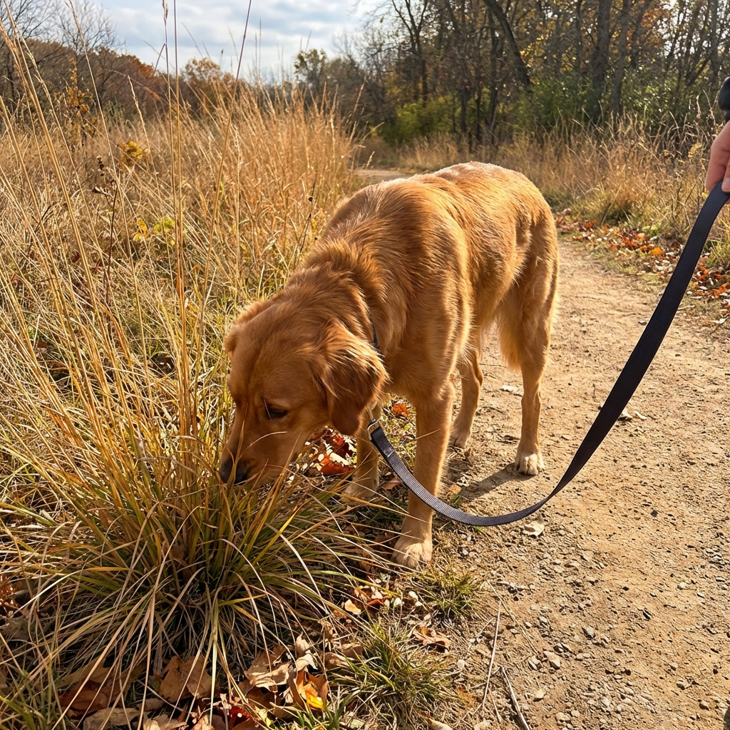 A dog sniffing tall dry grass along a walking trail with a leash visible