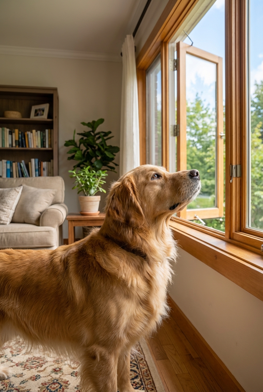 A dog sniffing the air in a living room with an open window