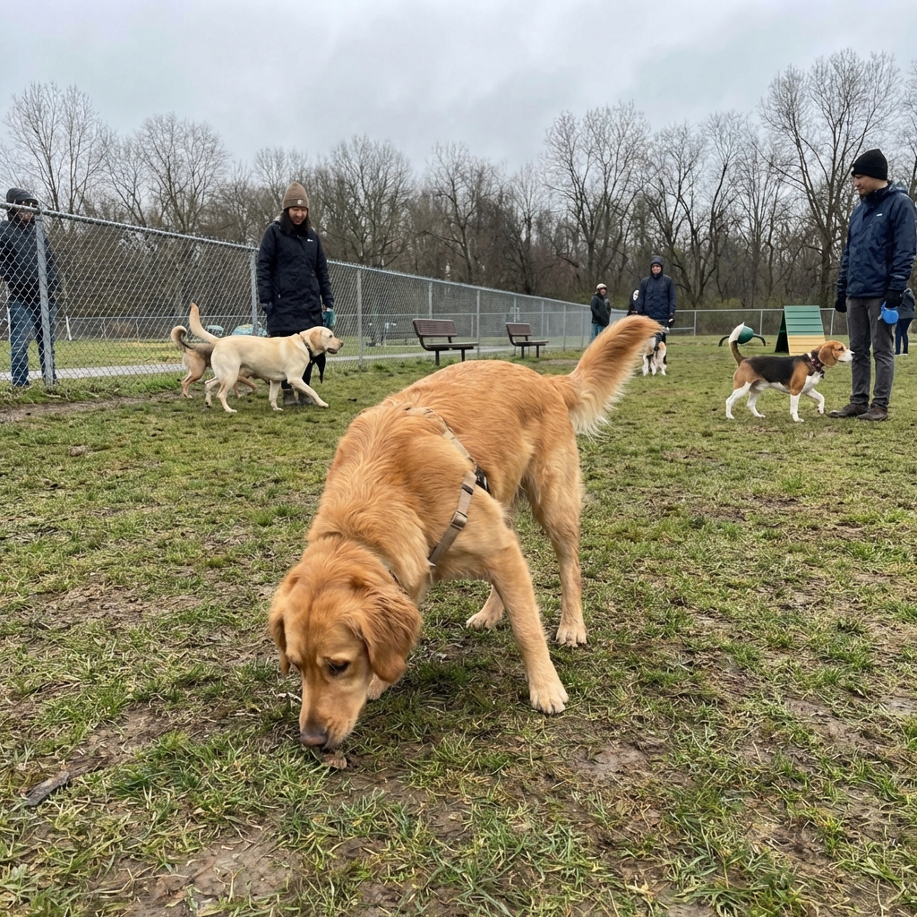 A dog sniffing the ground at a public dog park on an overcast day