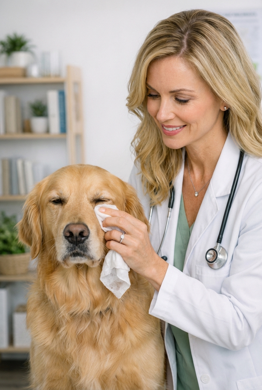 A dog squinting slightly while a person gently wipes around the eyes with a damp cloth