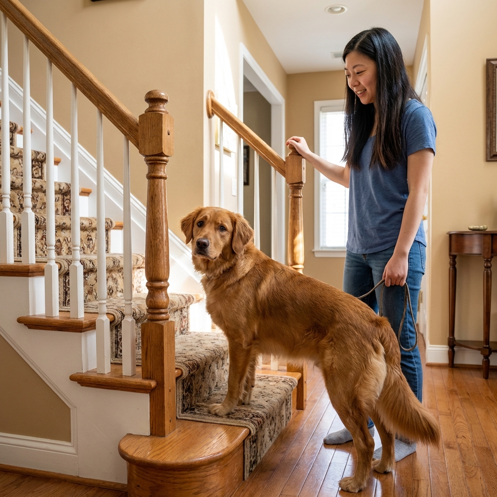 A dog standing at the bottom of a staircase looking hesitant while an owner waits patiently