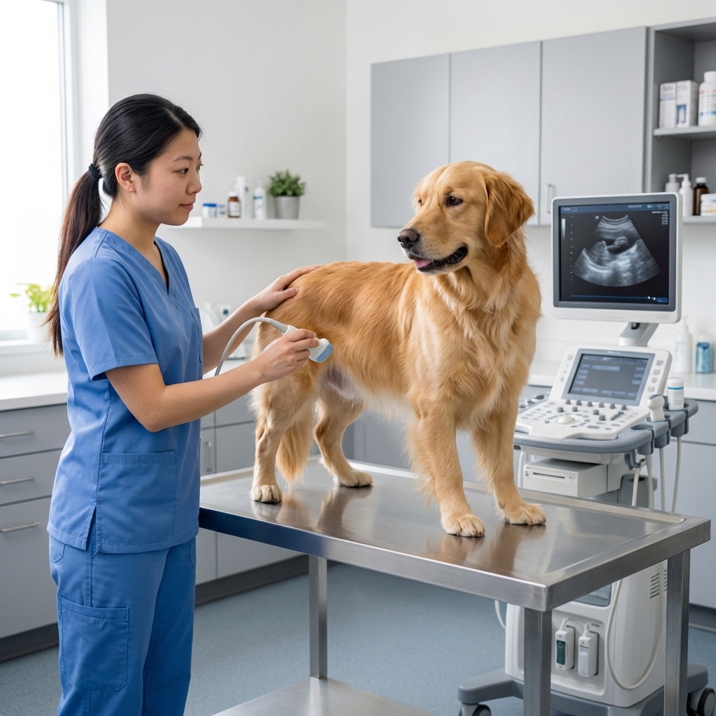 A dog standing calmly while a veterinary technician prepares an ultrasound exam