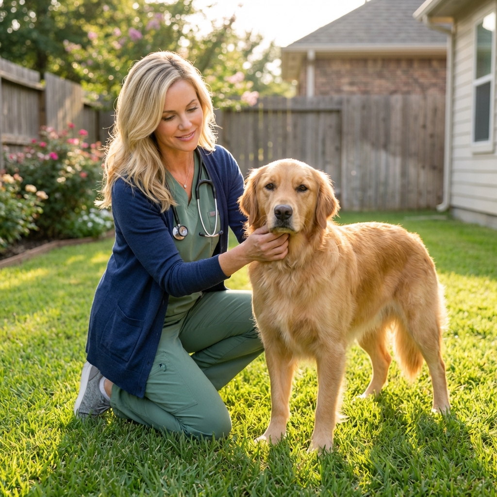 A dog standing in a backyard while a person gently checks the dog’s neck area